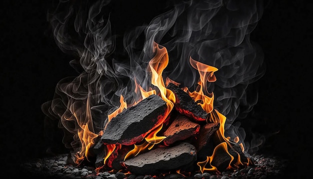 Black coal with fire and smoke