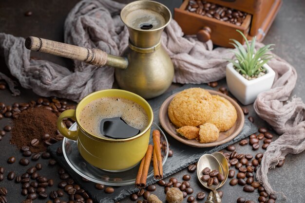 Black coffee beans on an old background