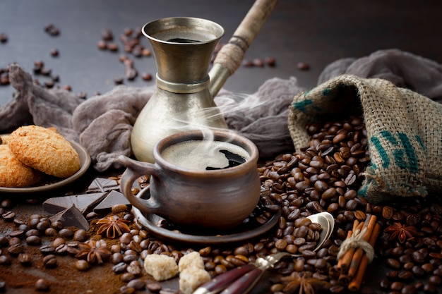 Black coffee beans on an old background