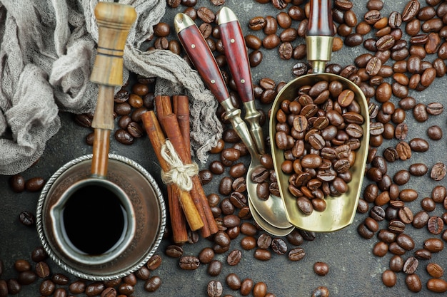 Black coffee beans on an old background