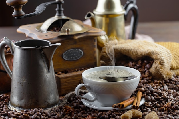 Black coffee beans on an old background