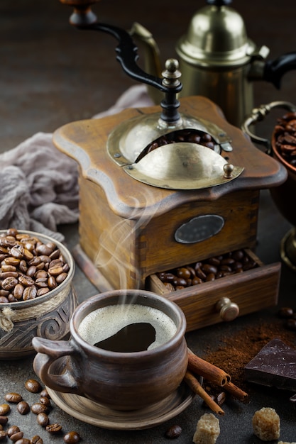 Black coffee beans on an old background