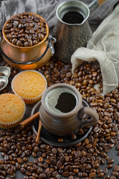 Black coffee beans on an old background