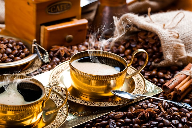 Black coffee beans on an old background