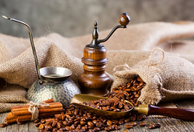 Black coffee beans on an old background