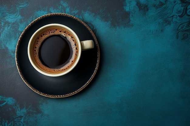 Black coffee in a cup on a blue surface