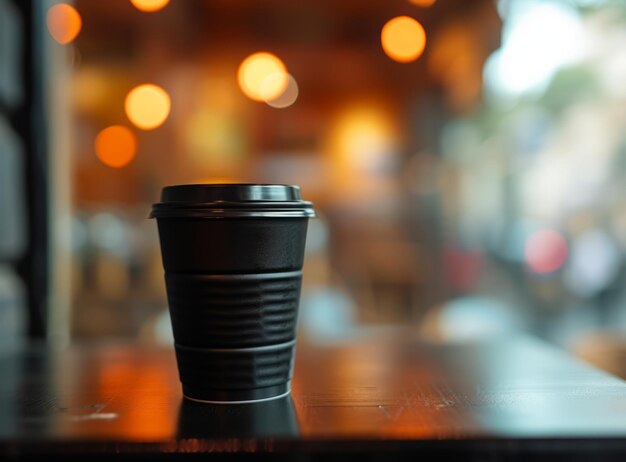 Foto una tazza di caffè nera su un tavolo da caffè con uno sfondo sfocato caldo di luci e finestre