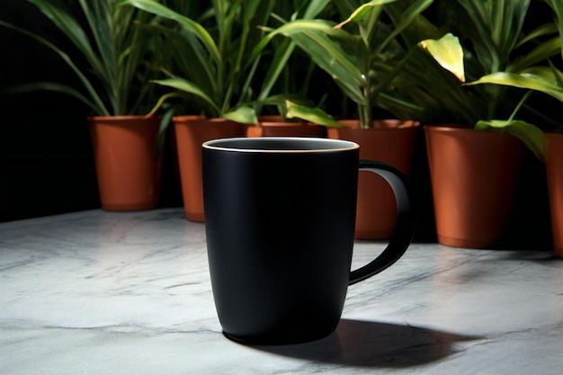 Black coffee cup on white marble table with green plant in background