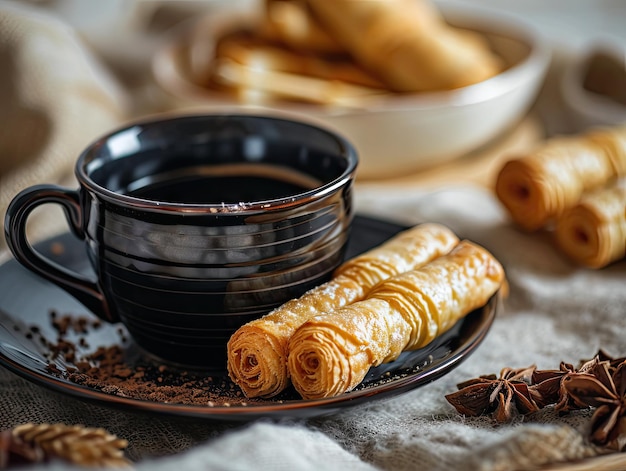 Black Coffee Cup with Crunchy Dessert Wafer Sticks on Light Tablecloth Background Crispy Biscuit Rolls