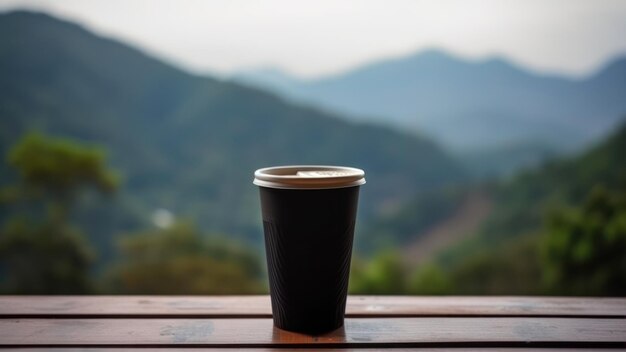 A black coffee cup on a wooden table with a mountain view in the background.