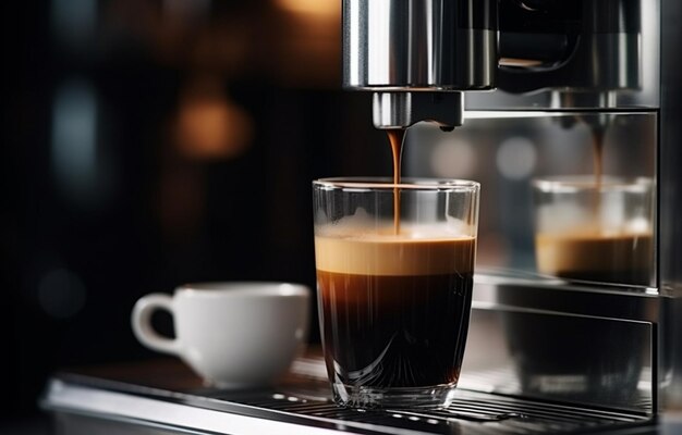 black coffee is poured into a glass cup that stands on a metal s