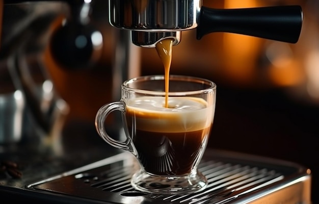 黒いコーヒーは金属の上に立っているガラスのカップに注がれる