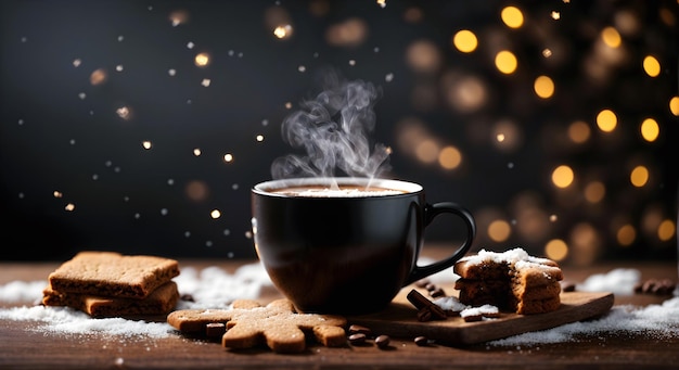 Черная кофейная кружка фон горячий кофе пар снег падает напиток зимний баннер копия пространства текста
