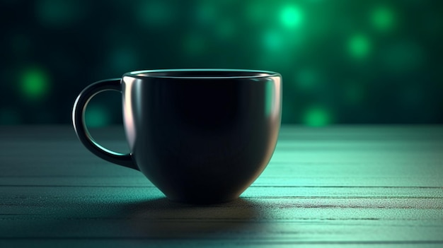 A black coffee mug floating against a green gradient 3D product display background Empty interior