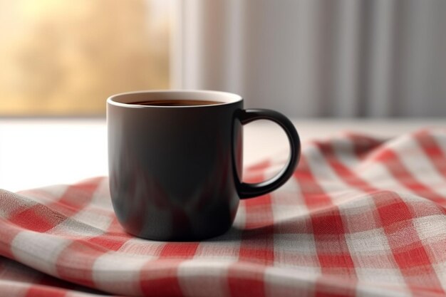 Black coffee mug mockup on the linen napkin