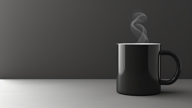 Photo a black coffee mug sits on a table against a dark background steam rises from the mug