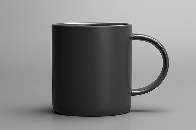 a black coffee mug sitting on top of a table