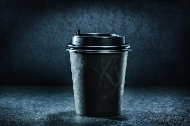 Black coffee paper cup on dark background