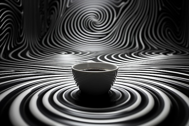 Photo black coffee in a white cup on a monochrome conjuring psychedelic background