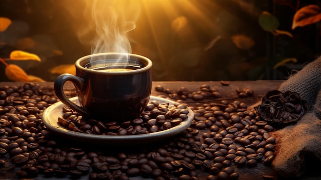 Black coffee in white cup with smoke and coffee beans on table