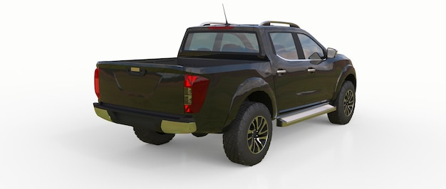 Black commercial vehicle delivery truck with a double cab. Machine without insignia with a clean empty body to accommodate your logos and labels. 3d rendering.