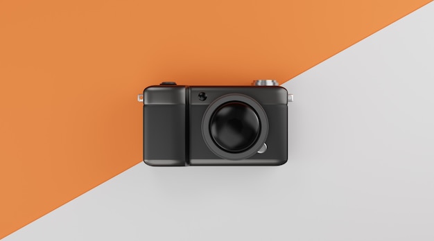 Black compact camera over orange and white background travel concept. 3d rendering