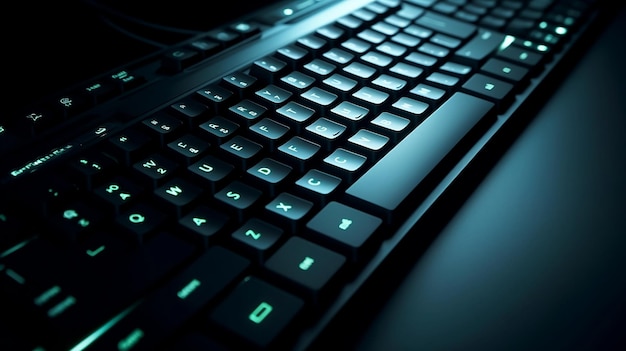 A black computer keyboard with green lights in closeup or macro view