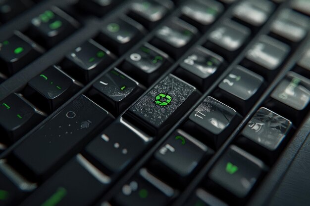 緑色のリサイクルボタン付きの黒いコンピュータキーボード
