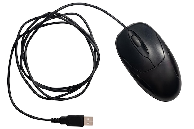 Black computer mouse with usb cable on isolated white background