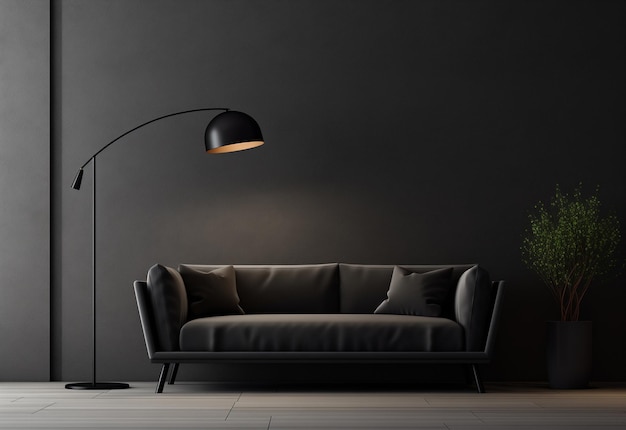 Фото Черный современный минималистский интерьер с диванными лампами и декором