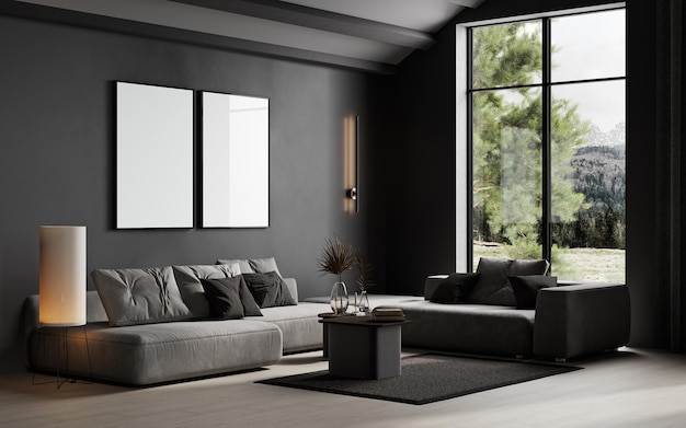 Black contemporary minimalist interior with sofa two frames coffee table and decor 3d render illustration mockup