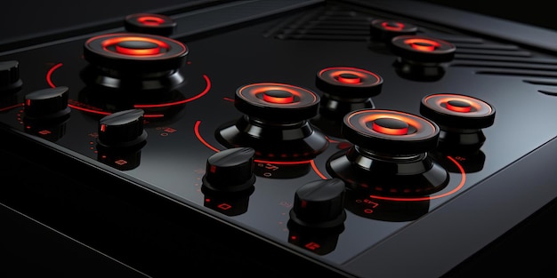 a black cooktop with red and knobs in the style of luminous 3d objects