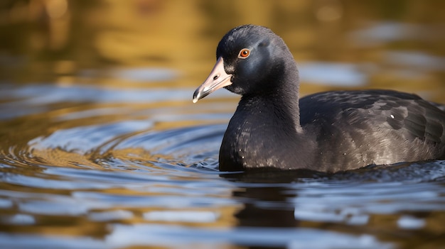 A black cormorant swims in a pond.