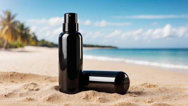 black cosmetic bottle on beach sand with beach background