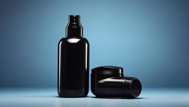 Black cosmetic bottle on blue background Mock up