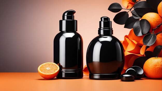 Black cosmetic bottle on decoration orange background Mock up