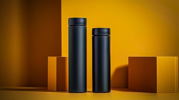 黒いコスメティックボトルのモックアップを黄色とオレンジの背景に 3D レンダリングモックアップパッケージ