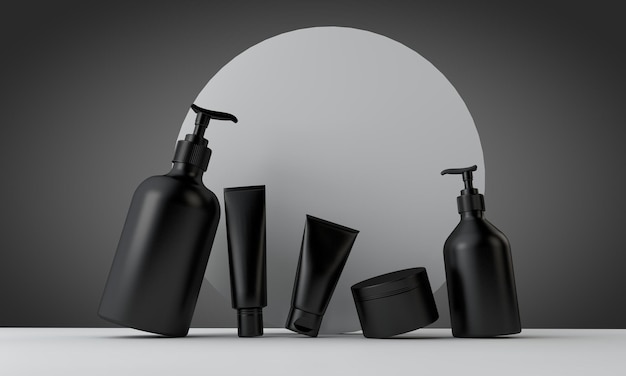 Black cosmetic skincare makeup containers d rendering