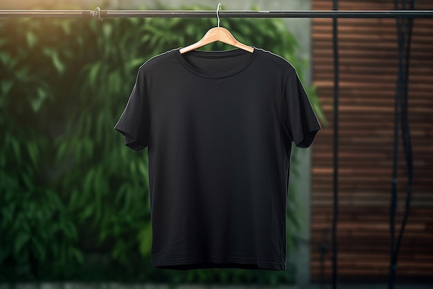 Black cotton Tshirt hanging on a hanger a place for text