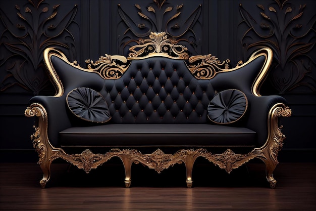 A black couch with gold accents and a gold and black sofa.