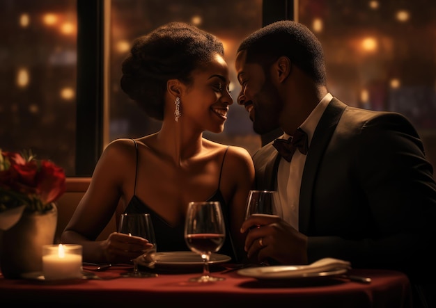 A black couple enjoying a romantic dinner date