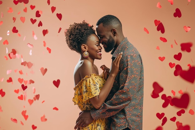 Black couple hugging and smiling on Valentines Day