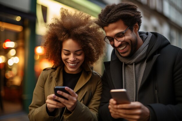 Photo black couple interacts funny with mobile phone