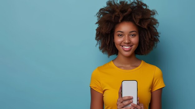 Photo a black couple pointing at giant smartphone with mockup promoting an application or website advertising a product or service against blue background fulllength video