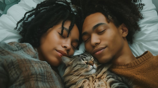 黒人カップルがベッドでゆっくりと眠りお互いを抱きしめて猫を抱きしめています