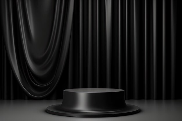 A black cover with a round top in front of a curtain.