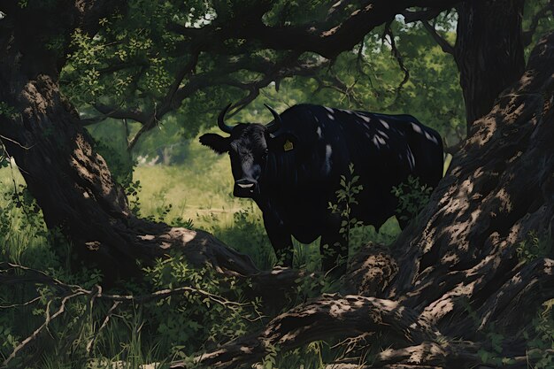 Black cow grazing summer livestock