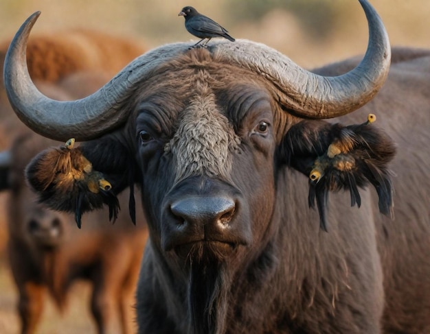 Photo a black cow with a bird on its head