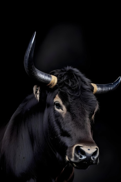 A black cow with horns and a black background