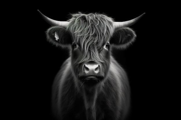 A black cow with a long hair and a long hair on its head.